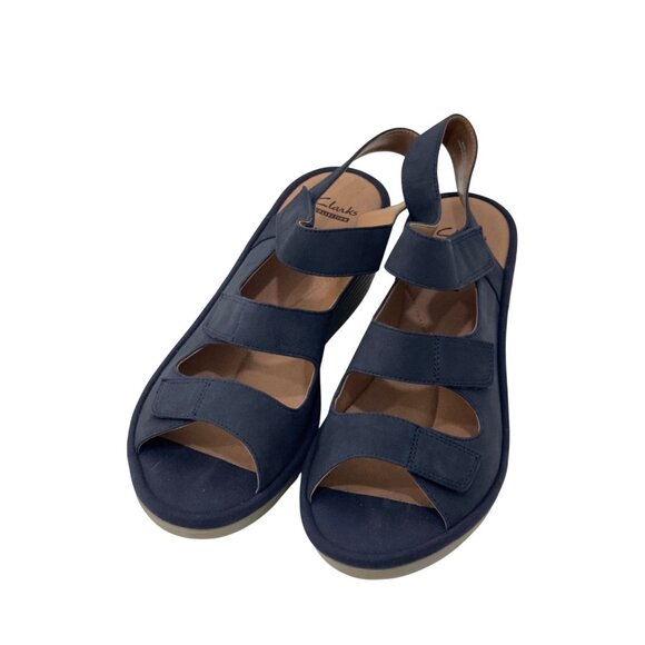 Clarks Navy Blue Nubuck Adjustable Strap Wedge Sandals Women Size 9.5M Comfort - Picture 14 of 14
